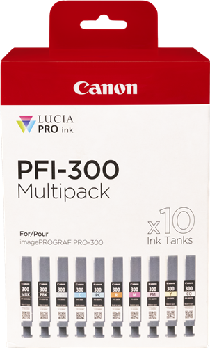 Canon PFI-300 10 Tintentanks Pack Preto (opaco) / Preto (foto) / Cyan / Magenta / Amarelo / Cyan / Magenta / Vermelho / Gris / Transparente