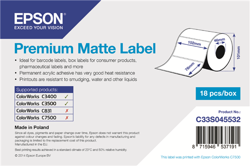 Epson Premium Matte Label - 102 x 76mm Blanc