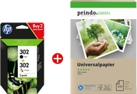 HP 302 Noir(e) / Plusieurs couleurs Value Pack + Prindo Green Recyclingpapier 500 Blatt