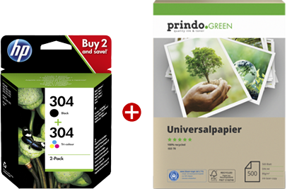 HP 304 zwart / meer kleuren value pack + Prindo Green Recyclingpapier 500 Blatt