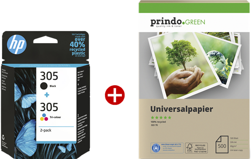 HP 305 nero / differenti colori Value Pack + Prindo Green Recyclingpapier 500 Blatt