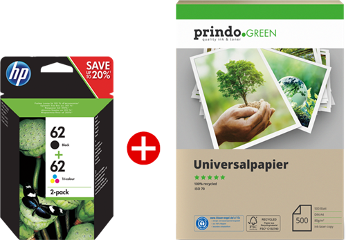 HP 62 czarny / różne kolory value pack + Prindo Green Recyclingpapier 500 Blatt